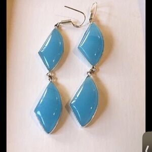 Blue Chalcedony Earrings 4 Large Glossy Stones Sterling Silver Drop Artisan USA